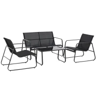 Outsunny 4 Piece Patio Furniture Set, Outdoor Conversation Set with Loveseat Sofa, Armchairs, Glass Top Coffee Table, Black(m-2)