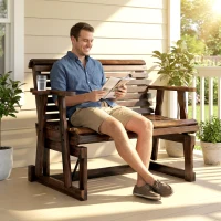 Outsunny Outdoor Glider Bench, Wooden Glider Chair with 2 Cupholders, Slatted Seat and Armrests, Patio Swing Rocking Loveseat(m-1)