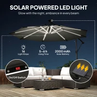 Outsunny 10 ft Offset Patio Umbrella with Solar Light, Garden Hanging Parasol with 360° Rotation, Tilt, Cover, Black(m-4)