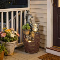 Outsunny 4-Tier Outdoor Fountain with Planter, Cascading Waterfall Feature with LED Lights, Rustic Brown and Grey(m-10)