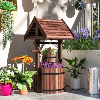 Outsunny Wood Wishing Well Outdoor Wooden Planter with Hanging Bucket and Drainage Hole for Garden, Patio, Backyard, Tan(m-9)