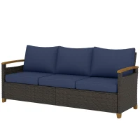 Outsunny 3 Seater Outdoor Couch Sofa, PE Wicker Patio Sofa, Wide Deep Seat, 4" Cushions, Wood-Effect Armrests Legs, Dark Blue(m-1)