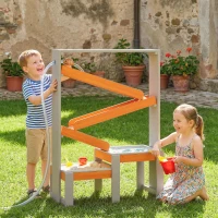 Qaba Wooden Sandbox, Kids Sand and Water Table with Waterway Track and Dual Boxes, Sensory Table for Outdoor, Grey(m-8)