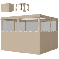Outsunny Gazebo Curtains, 10' x 10' Universal Replacement Privacy Curtain, 4-Panels Sidewall with Roll up Mesh Windows, Khaki(m-2)
