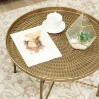 HOMCOM Vintage Coffee Table for Living Room, 24" Round Center Table with Hammered Tray Top and Metal Frame, Gold(m-10)