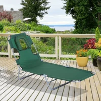 Outsunny Folding Lounge Chair Outdoor, Tanning Chair with Face Hole Arm Slots, Beach Chaise Lounger with Pillow, 5-Position Adjustable Portable Sun Lounger Bed for Pool, Green(m-1)