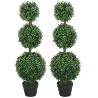 HOMCOM Set of 2 Artificial Ball Boxwood Topiary Trees, Fake Plants in Pot for Indoor Outdoor Living Room Green(m-1)