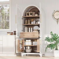 Arched Kitchen Pantry Cabinet with Large Hidden Drawer, Glass-Door Storage with Soft-Close Hinges, 30'' L x 15.5'' W x 71'' H, White(m-1)