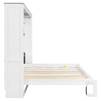 Full Size Murphy Bed with LED Light and Built‑In Desk, Foldable Platform Bed with Smooth Hydraulic Lift, 83" L x 60.5" W x 62" H, Brown+White(m-11)
