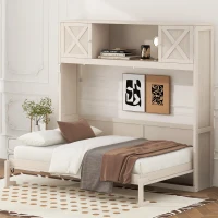 Space-Saving Full Size Murphy Bed with Fold-Down Design, Sturdy Storage Bed with 3 Upper Cabinets, 83" L x 60.5" W x 82" H, Beige(m-4)