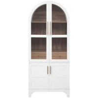 Arched Kitchen Pantry Cabinet with Large Hidden Drawer, Glass-Door Storage with Soft-Close Hinges, 30'' L x 15.5'' W x 71'' H, White(m-14)