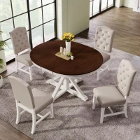 Extendable Dining Table Set with 4 Upholstered Chairs, Stylish Kitchen Table Set with Oak Veneer Top, 54" L x 42" W x 30" H, Off White+Walnut(m-8)