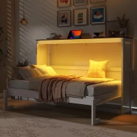 Twin-Size Murphy Bed with LED Light and Foldaway Cabinet, Space-Saving Wall Bed with Desk Conversion, 83" L x 45.5" W x 47" H, Brown+White(m-4)