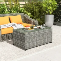 Outsunny Wicker Outdoor Coffee Table, PE Wicker Rectangular Patio Table with Tempered Glass Top for Garden, Balcony, Light Grey(m-1)