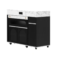 Extendable Rolling Kitchen Island with Folding Top, Versatile Kitchen Cart with Windows, 74" L x 43.5" W x 37.5" H, Black+White Marble(m-14)
