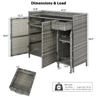 Wicker Outdoor Storage Cabinet with 3 Doors and a Drawer, Weatherproof Bar Table for Patio or Garden, 47.5'' L x 16'' W x 39.5'' H, Grey(m-3)