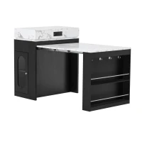 Extendable Dining Table with Folding Tabletop, Multi-Functional Kitchen Island with Drawers, 57.5" L x 32.5" W x 38" H, Black+White Marble(m-2)