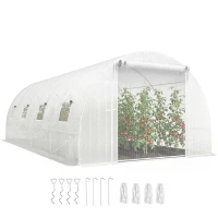 Outsunny Walk-in Tunnel Greenhouse with 2 Support Rods, Mesh Door, Plant Hot House with PE Cover, 20'x10'x7', White(m-11)