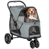 PawHut 3 Wheel Pet Stroller with Easy One-Click Quick Fold, Mesh Window, Washable Cushion, for Medium Dogs, Gray(m-11)