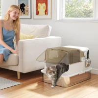 PawHut Stainless Steel Cat Litter Box, Easy-Clean Enclosure with Scoop & Flip Lid, 27.6" L x 19.7" W x 18.3" H, White(m-8)