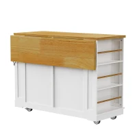 Generous Kitchen Island with 2 Deep Drawers and Drop Leaf, Rolling Storage Cart with Adjustable Shelves, 48'' L x 29.5'' W x 36.5'' H, White(m-14)