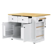 Generous Kitchen Island with 2 Deep Drawers and Drop Leaf, Rolling Storage Cart with Adjustable Shelves, 48'' L x 29.5'' W x 36.5'' H, White(m-2)