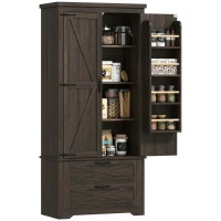 HOMCOM Farmhouse Kitchen Pantry Storage Cabinet, 64" Freestanding Kitchen Pantry Cabinet with Drawers, Distressed Dark Brown(m-11)