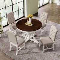 Extendable Dining Table Set with 4 Upholstered Chairs, Stylish Kitchen Table Set with Oak Veneer Top, 54" L x 42" W x 30" H, Off White+Walnut(m-1)