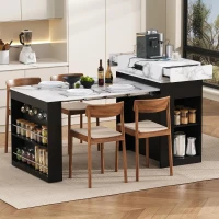 Extendable Dining Table with Folding Tabletop, Multi-Functional Kitchen Island with Drawers, 57.5" L x 32.5" W x 38" H, Black+White Marble(m-1)