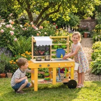 Qaba Mud Kitchen for Kids Outdoor with Wheels, Wooden Play Kitchen with Sink, Storage, Planting Pots, Blackboard, Yellow(m-1)