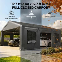 Outsunny 20' x 20' Heavy Duty Carport, Portable Garage Car Canopy Tent Shelter with 3 Roll-up Doors, 4 Windows, Dark Grey(m-4)