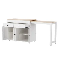 Space-Saving Kitchen Cart with Extendable Dining Table, Rolling Kitchen Island with Ample Storage, 74.5'' L x 19.5'' W x 36'' H, Off White(m-2)