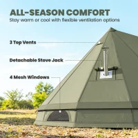 Outsunny Teepee Tent Waterproof Camping Tent with Stove Jack for 4-6 Person Outdoor Camping Hiking Army Green(m-5)