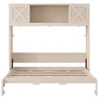 Stylish Murphy Bed with Storage Cabinets and X-Style Accent, Space-Saving Wall Bed with MDF Construction, 88" L x 67" W x 88.5" H, Beige(m-7)