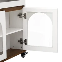 Extendable Rolling Kitchen Island with Folding Top, Versatile Kitchen Cart with Windows, 74" L x 43.5" W x 37.5" H, Creamy White+Walnut(m-12)