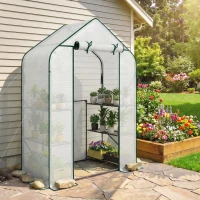 Outsunny Greenhouse for Outdoors, Portable Greenhouse with 6 Shelves, UV-Resistant PE Cover, Roll-Up Door, White(m-9)