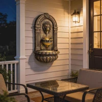 Outsunny 31" Wall-Mounted Outdoor Fountain, 3-Tier Cascading Waterfall Feature with LED Lights and Adjustable Flow, Bronze(m-9)