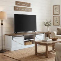 HOMCOM TV Stand for TVs up to 65 Inch, Entertainment Center with Shelves, Cabinets, Sliding Barn Doors, Thick Top, White(m-10)
