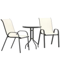 Outsunny 3 Pieces Bistro Set, Small Patio Furniture Set with Stackable Mesh Chairs, Glass Table for Garden, Balcony, Beige(m-11)