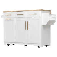 Rolling Kitchen Island with Drop-Leaf Rubberwood Top, Versatile Storage Cart for Contemporary Homes, 59.5'' L x 29.5'' W x 35.5'' H, White(m-2)