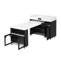 Extendable Rolling Kitchen Island with Folding Top, Versatile Kitchen Cart with Windows, 74" L x 43.5" W x 37.5" H, Black+White Marble(m-2)
