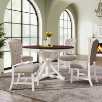 Extendable Dining Table Set with 4 Upholstered Chairs, Stylish Kitchen Table Set with Oak Veneer Top, 54" L x 42" W x 30" H, Off White+Walnut(m-9)