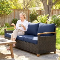 Outsunny 3 Seater Outdoor Couch Sofa, PE Wicker Patio Sofa, Wide Deep Seat, 4" Cushions, Wood-Effect Armrests Legs, Dark Blue(m-10)