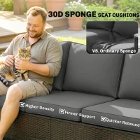 Outsunny 3 Seater Outdoor Couch Sofa, PE Wicker Patio Sofa, Wide Deep Seat, 4" Cushions, Wood-Effect Armrests Legs, Gray(m-5)