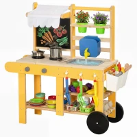 Qaba Mud Kitchen for Kids Outdoor with Wheels, Wooden Play Kitchen with Sink, Storage, Planting Pots, Blackboard, Yellow(m-11)