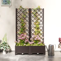 Outsunny Raised Garden Bed with Trellis, Plastic Raised Flower Bed with Drainage Holes and Drain Plugs(m-10)