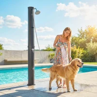 Outsunny 16 Gal Solar Heated Shower, 7.4 FT Outdoor Shower with 2 Shower Heads, Adjustable Temperature, Foot Faucet(m-10)