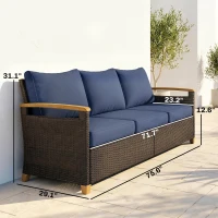 Outsunny 3 Seater Outdoor Couch Sofa, PE Wicker Patio Sofa, Wide Deep Seat, 4" Cushions, Wood-Effect Armrests Legs, Dark Blue(m-3)