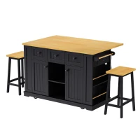 Modern Black Kitchen Island Set with 2 Bar Stools, Versatile Kitchen Cart Set with Drop-Leaf Counter, 53" L x 29.5" W x 36.5" H, Black(m-2)