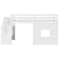 Stylish Twin Loft Bed with Storage Staircase and Window, Sturdy Bunk Bed with Full-Length Guardrails, 95" L x 41.5" W x 50" H, White(m-9)